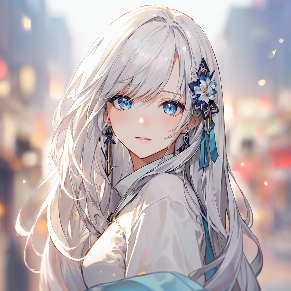 Anime girl with long white hair and blue eyes in the city, White-haired God, Beautiful anime portraits, Detailed portrait of an anime girl, Perfect white hair girl, Beautiful Anime Girls, Beautiful Anime Women, White Hair Girl, Cute Anime Girl Portrait, palace ， Girl in Hanfu, From Girls Frontline, guweiz on pixiv artstation, ”Beautiful Anime Women