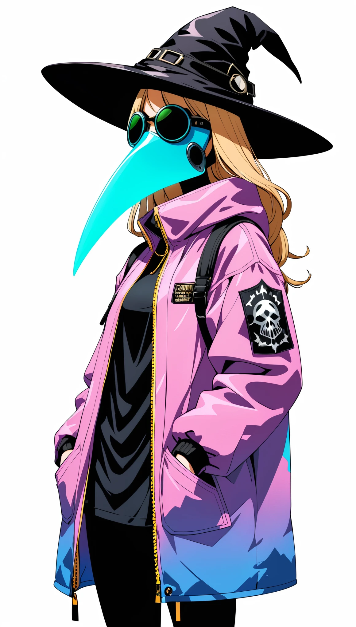 (in style of Benton Jew:0.9),
(1girl:1.4),lori girl ,(foamed hip-hop down_jacket:2),(internally stained giant wide-brimmed (wizard hat):1.6),silhouette,(metal plague doctor mask:1.4),glowing light,(((neon glowing round sunglasses))),unable to see the eyes,(large area blank:1.4),(minimalist composition:1.4),blank,white_background,japanese manga style,