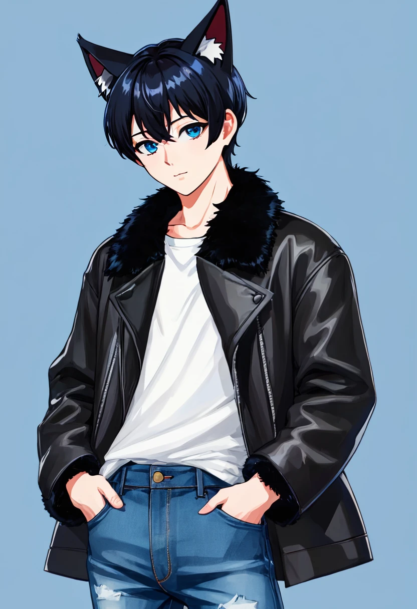 1man, black short hair, black cat ears, wearing black fur coat, wearing white undershirt, wearing blue jean pants.