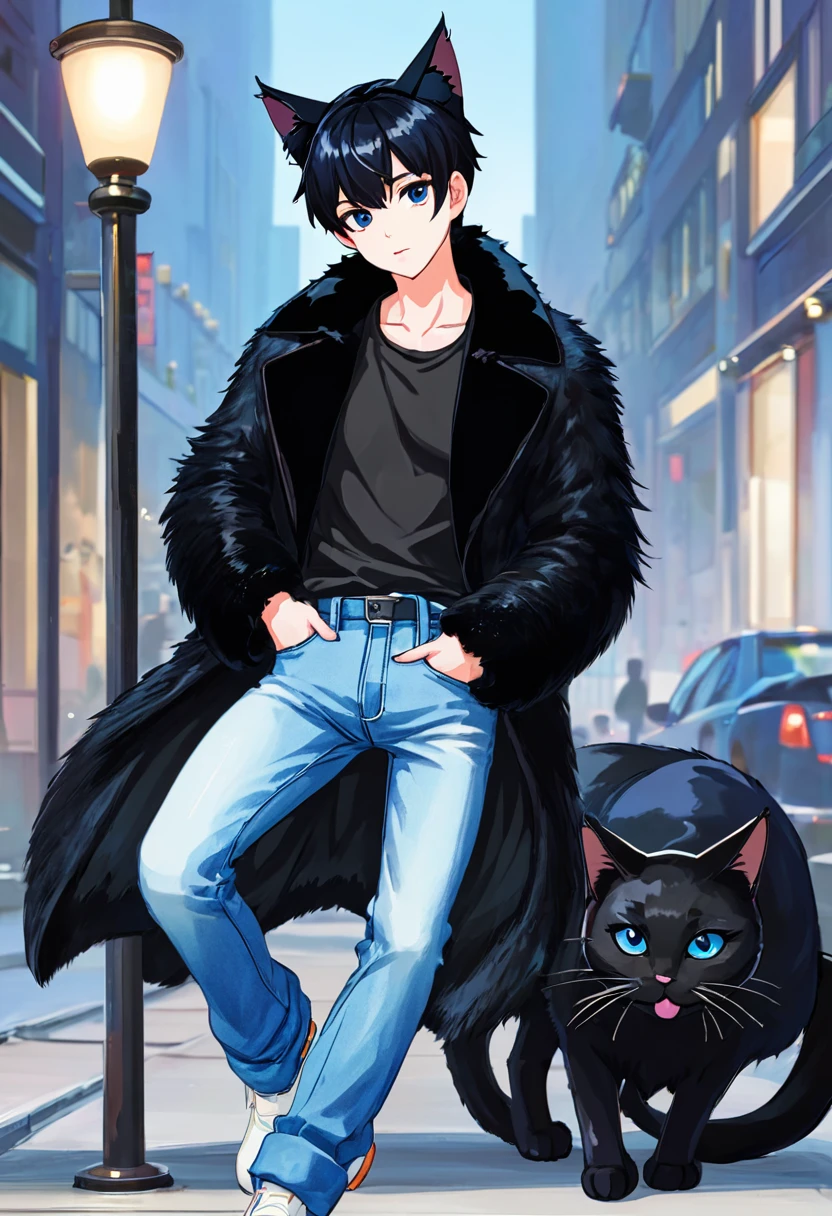 1man, black short hair, black cat ears, wearing black fur coat, wearing white undershirt, wearing blue jean pants. 