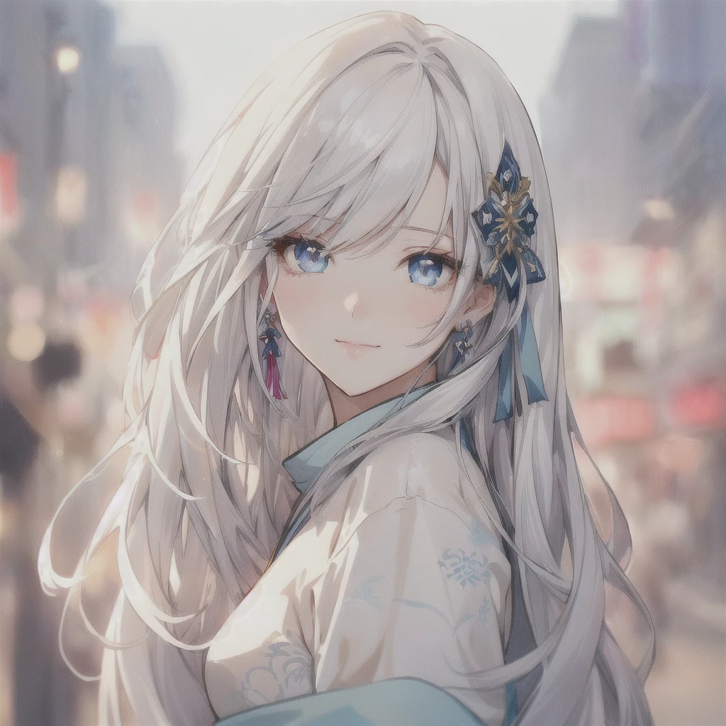 Anime girl with long white hair and blue eyes in the city, White-haired God, Beautiful anime portraits, Detailed portrait of an anime girl, Perfect white hair girl, Beautiful Anime Girls, Beautiful Anime Women, White Hair Girl, Cute Anime Girl Portrait, palace ， Girl in Hanfu, From Girls Frontline, guweiz on pixiv artstation, ”Beautiful Anime Women