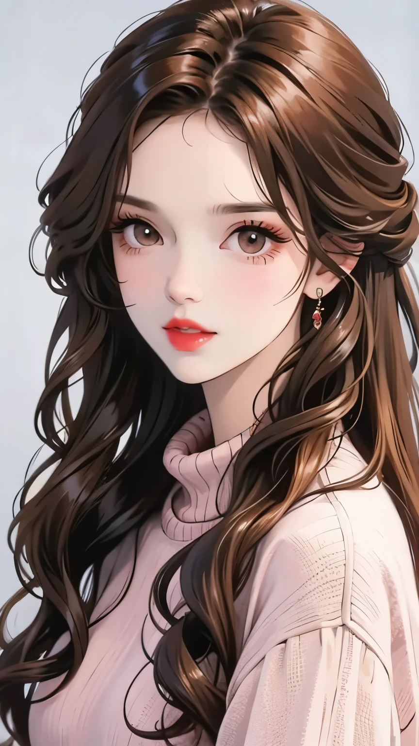 Girl, long brown hair, brown eyes, sharp features, white skin, pink lips, curly hair, perfect, sweater