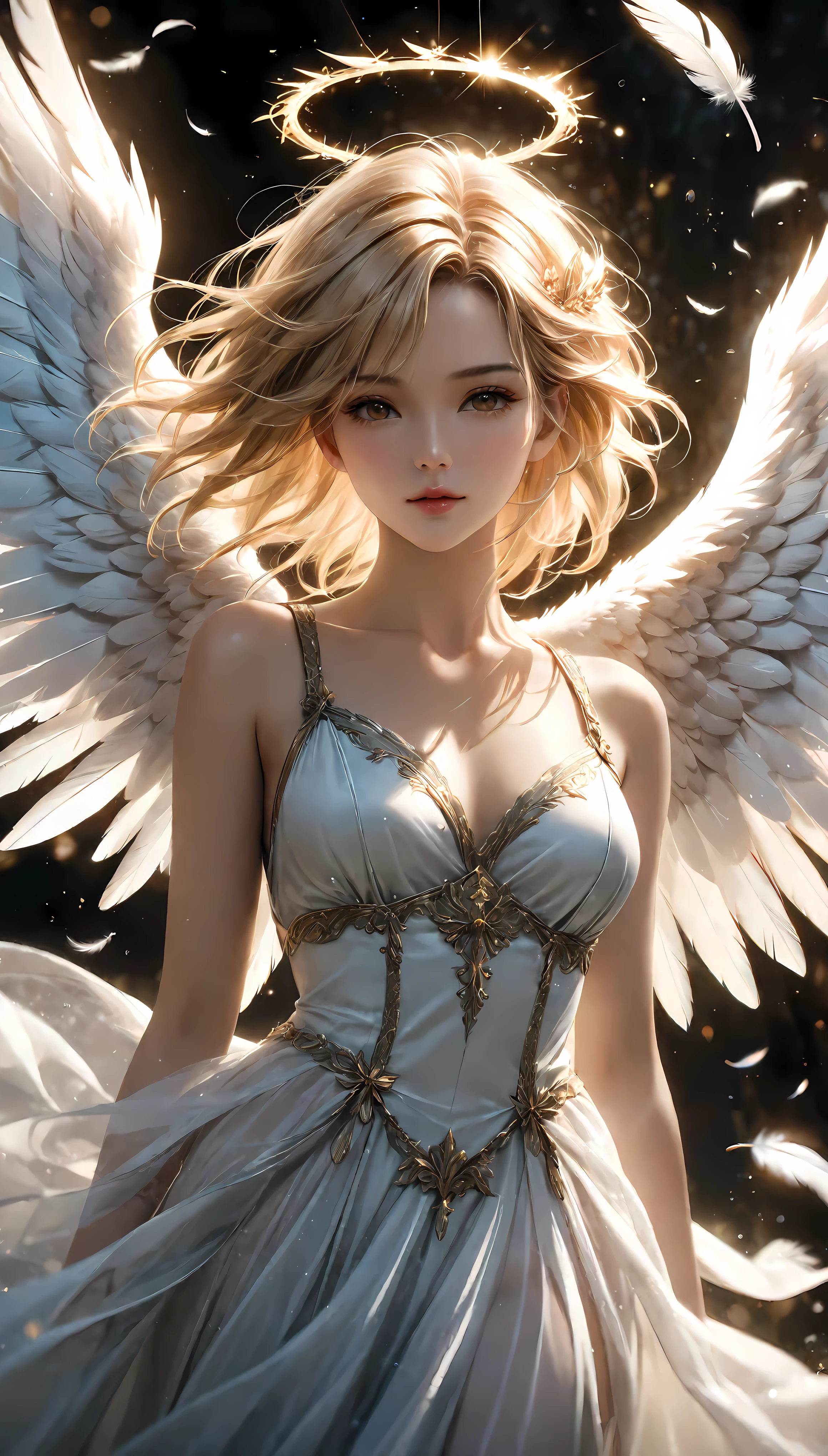 ((Masterpiece in maximum 16K resolution):1.6),((soft_color_photograpy:)1.5), ((Ultra-Detailed):1.4),((Movie-like still images and dynamic angles):1.3). | (cinematic photo of an Female Angel descending from the heaven), (Blonde Supermodel Beauty), (focus on the wings), (cinematic lens), (majestic sky with heavenly light), (tyndall effect), (floating feathers), (angelic halo), (luminous object), (female hand gloves), (Serene atmosphere), (shimmer), (aesthetic angelic accesories), (visual experience),(Realism), (Realistic),award-winning graphics, dark shot, film grain, extremely detailed, Digital Art, rtx, Unreal Engine, scene concept anti glare effect, All captured with sharp focus. | Rendered in ultra-high definition with UHD and retina quality, this masterpiece ensures anatomical correctness and textured skin with super detail. With a focus on high quality and accuracy, this award-winning portrayal captures every nuance in stunning 16k resolution, immersing viewers in its lifelike depiction. | ((perfect_composition, perfect_design, perfect_layout, perfect_detail, ultra_detailed)), ((enhance_all, fix_everything)), More Detail, Enhance.