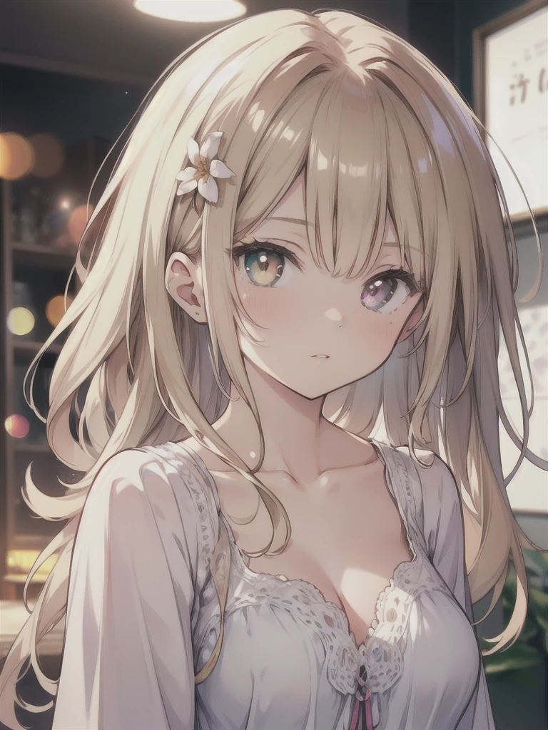 masterpiece, highest quality, female figure, central heterochromia eyes, long dark blonde hair, white nightgown, cute, (dynamic lighting:1.2), cinematic lighting, delicate features, fine eyes, sharp pupils, realistic student, Depth of bounds written, Bokeh, sharp focus, (very detailed, bloom, shine:1.4), gloomy, very skinny, prominent collarbones