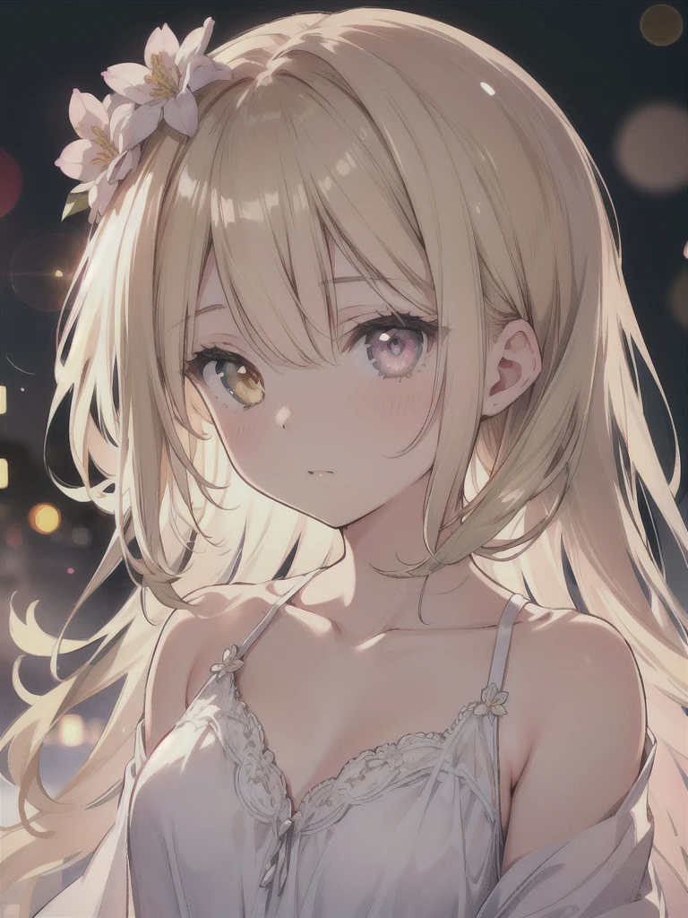 masterpiece, highest quality, female figure, central heterochromia eyes, long dark blonde hair, white nightgown, cute, (dynamic lighting:1.2), cinematic lighting, delicate features, fine eyes, sharp pupils, realistic student, Depth of bounds written, Bokeh, sharp focus, (very detailed, bloom, shine:1.4), gloomy, very skinny, prominent collarbones