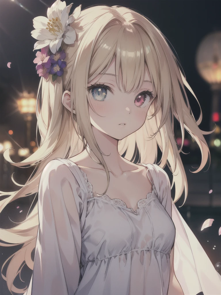 masterpiece, highest quality, female figure, central heterochromia eyes, long dark blonde hair, white nightgown, cute, (dynamic lighting:1.2), cinematic lighting, delicate features, fine eyes, sharp pupils, realistic student, Depth of bounds written, Bokeh, sharp focus, (very detailed, bloom, shine:1.4), gloomy, very skinny, prominent collarbones