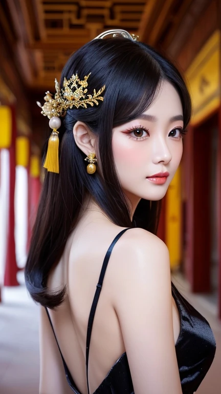 (((Chinese Beauty)))、((Angle of view from the side))、(Look back here)、21 years old、(Very heavy makeup:1.3)、(Slanted Eyes:1.4)、(long narrow eyes:1.4)、Shiny Hair、Glowing Skin、Very white skin、Jet Black Hair、Straight long hairstyle、Waist-length hair、Big eyes、Double eyelids、Luxury Chinese palace、(Standing in the palace corridor)、(Golden luxurious hair ornament)、(((Chinese Queen's Costume)))、Luxurious and gorgeous、(huge breast:1.2)、(Exposed Skin:1.2)、(Smile with your mouth closed)、Transparent white cloth、(((Vermilion and gold costume)))