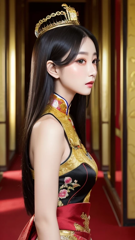 (((Chinese Beauty)))、((Angle of view from the side))、(Look back here)、21 years old、(Very heavy makeup:1.3)、(Slanted Eyes:1.4)、(long narrow eyes:1.4)、Shiny Hair、Glowing Skin、Very white skin、Jet Black Hair、Straight long hairstyle、Waist-length hair、Big eyes、Double eyelids、Luxury Chinese palace、(Standing in the palace corridor)、(Golden luxurious hair ornament)、(((Chinese Queen's Costume)))、Luxurious and gorgeous、(huge breast:1.2)、(Exposed Skin:1.2)、(Smile with your mouth closed)、Transparent white cloth、(((Vermilion and gold costume)))