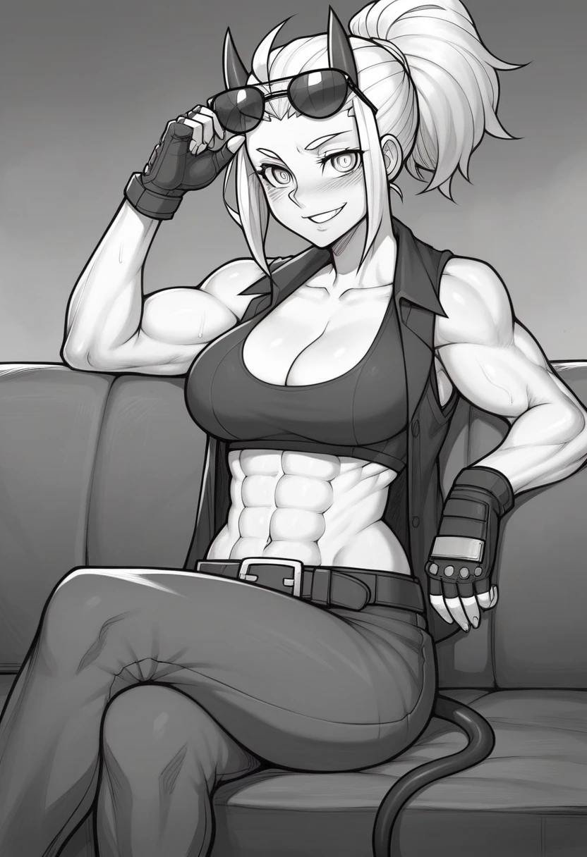 _asura style, 1girl, justice_(helltaker), abs, horns, breasts, greyscale, sunglasses, muscular_female, eyewear_on_head, muscular, open_clothes, monochrome, open_shirt, shirt, gloves, pants, demon_horns, solo, black_horns, obliques, sitting, belt, demon_girl, large_breasts, looking_at_viewer, fingerless_gloves, smile, cleavage, crossed_legs, sports_bra, navel, blush, couch, open_belt, ponytail, short_hair