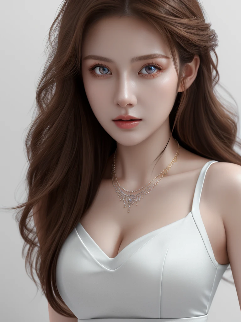 a beautiful young russian woman, detailed face, ((high quality)), photorealistic, stunning eyes, long eyelashes, attractive facial features, flawless skin, light brown hair, tight waist, cleavage, stylish clothes, necklace, active posing, long hairstyle, vivid colors, masterpiece, best quality, cinematic scene, confident expression, 8k