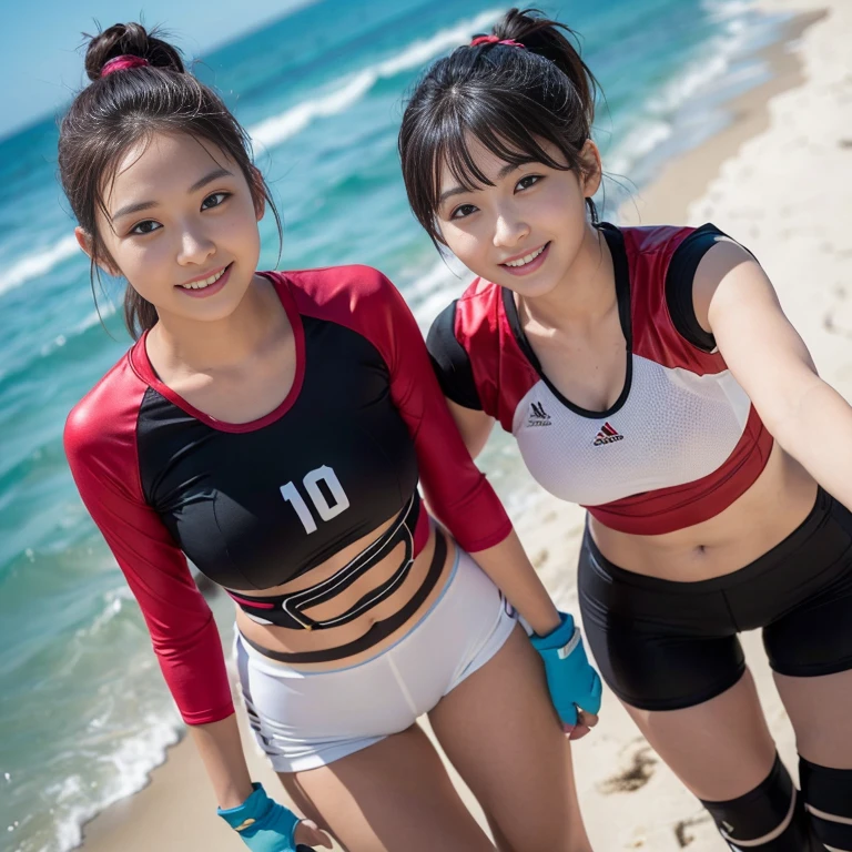 (2 beautiful Korean volleyball players, age 28, wearing White Tight Lightweight Synthetic Jersey, Red Spandex Shorts, Ankle Braces and Knee Pads, volunteering in 'International Coastal Cleanup', during Sunrise On The Beach, thoughtful expressions, kind smile, dimpled chins, cute snaggle-tooth, short hair ponytail, symmetrical face, beautiful detailed face, beautiful detailed eyes, perfect body proportions, ample round bosoms, photorealistic, hyper-realism, high contrast, ultra HD, realistic skin textures, top image quality, top-quality, super high resolution, fine details, very meticulously, masterpiece, head to knees, High Angle Shot, bokeh background) #SeaTheChange