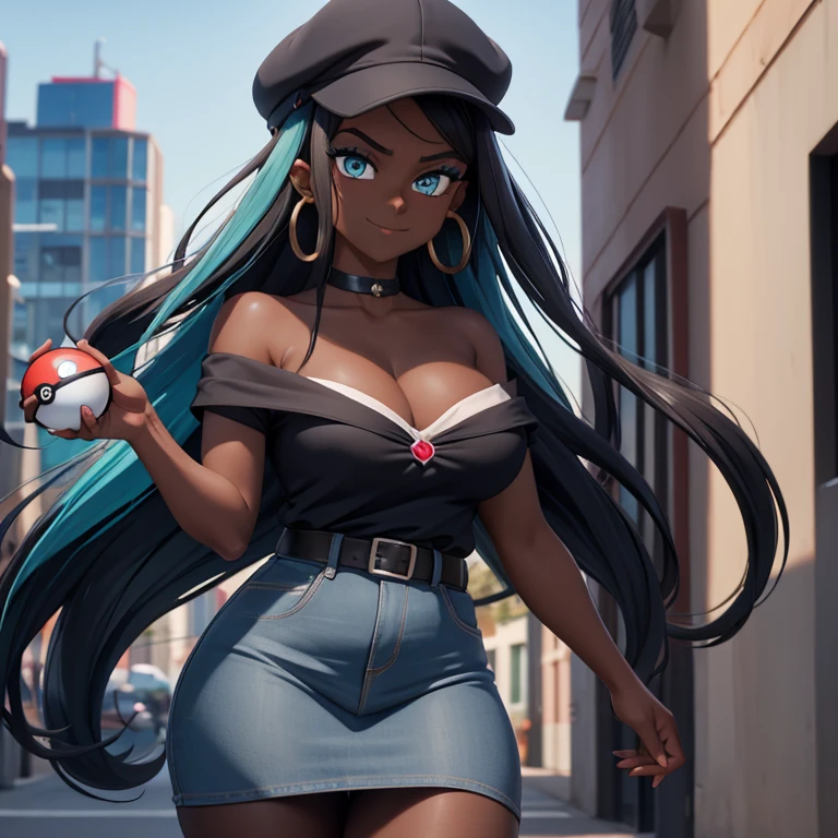 best quality, (wide shot), CGSsociety, 8K, ultra-realistic, masterpiece,  solo, 1girl, nessacasual, aqua eyes, eyeshadow, dark skin, (dark-skinned female:1.5), makeup, long hair, sidelocks, thick eyebrows, black hair, aqua hair, streaked hair, medium breasts, grey cabbie hat, red shirt, off shoulder, collarbone exposed, cleavage, black lycra short skirt, pantyhose, earrings, hoop earrings, (holding a poke ball:1.3). looking at viewer, looking at the camera with an arrogant smile, standing, outdoors, city street