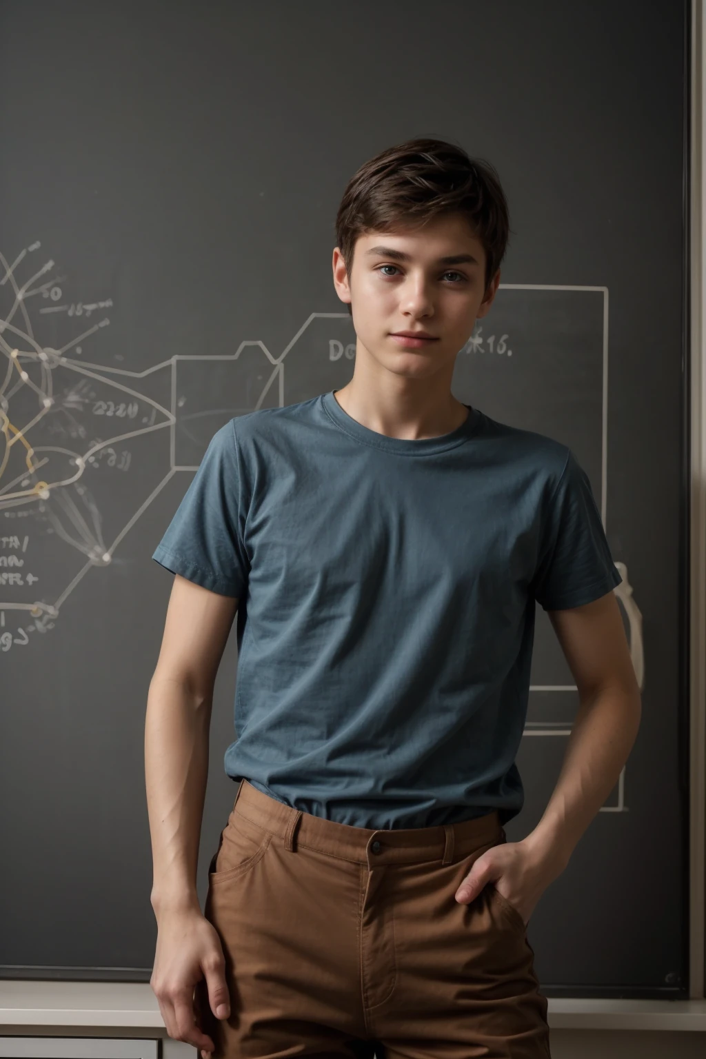 A beautiful young male with black hair wearing an aquamarine shirt and brown pants. He is in his luxurious scientific office. Behind him is a blackboard with neurons written on it. Neon energy emerges from the blackboard as he looks proudly.