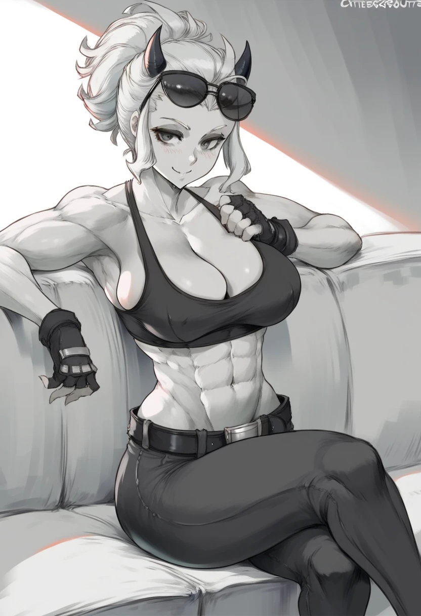 Cutesexyrobutts style, 1girl, justice_(helltaker), abs, horns, breasts, greyscale, sunglasses, muscular_female, eyewear_on_head, muscular, open_clothes, monochrome, open_shirt, shirt, gloves, pants, demon_horns, solo, black_horns, obliques, sitting, belt, demon_girl, large_breasts, looking_at_viewer, fingerless_gloves, smile, cleavage, crossed_legs, sports_bra, navel, blush, couch, open_belt, ponytail, short_hair