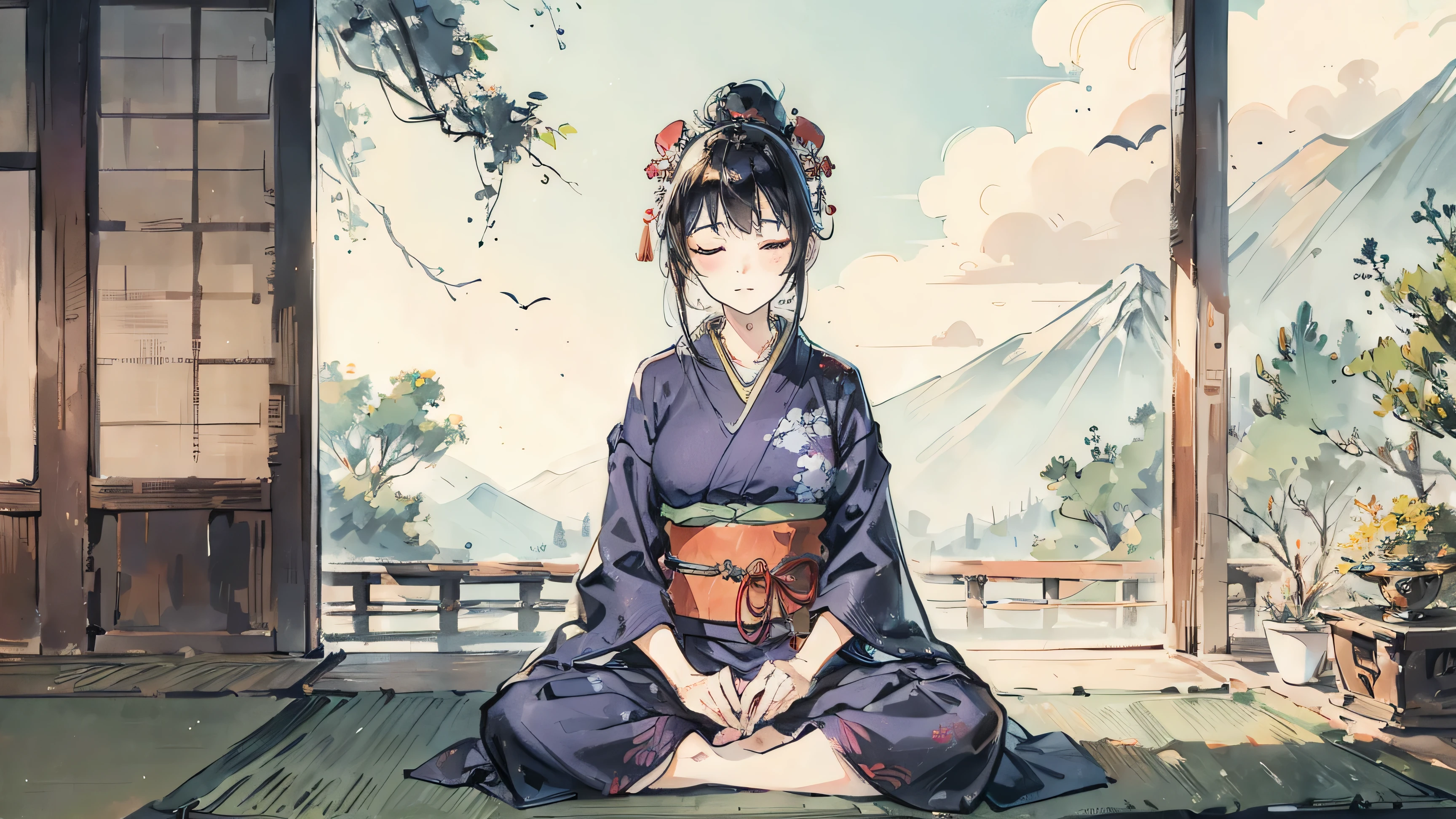 beautiful woman, Japan, It was, meditation, Eyes closed, Black Hair, In the great outdoors, I am meditating,Sitting upright,Indigo kimono
