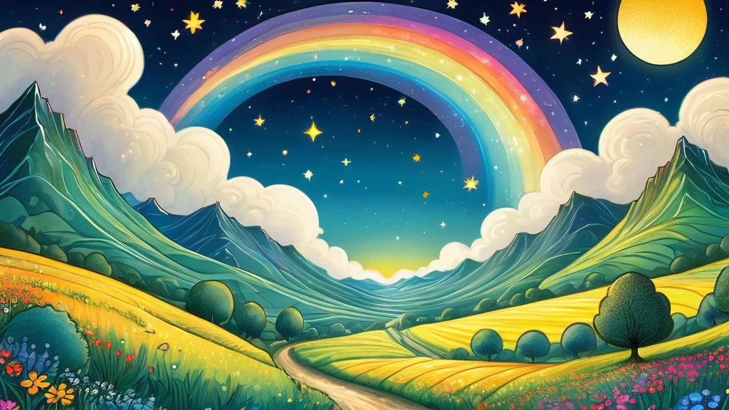 (A large close-up of a shining hill in the center):looks happy,An illustration,pop,colorfulに,draw with thick lines,color,night,Lamp light,、Dreaming happy dreams,Warm and full of happiness,,colorful,Fancy,Fantasy,Detailed explanation,fluffy,Randolph Caldecott Style