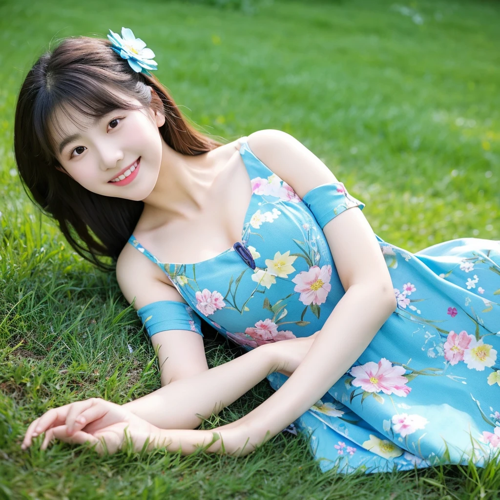 Korean girl with bigger chest. She is lying on the green grass in nature. She is wearing a blue dress with a floral pattern. There is a cute ornament on her neck. There is a blue flower in her hair. She smiles tenderly