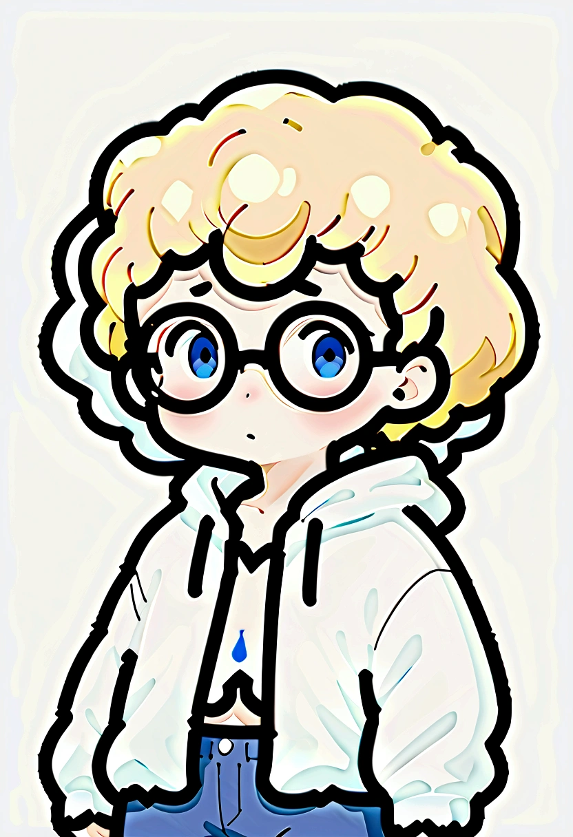 male focus, solo, childish, male only, kid, surprised, eyes fix, flat chest, small waist, 10 years old, ghost fan, ghost hoodie, round glasses, tired, looking at viewer, simple art, blond hair, blue eyes
