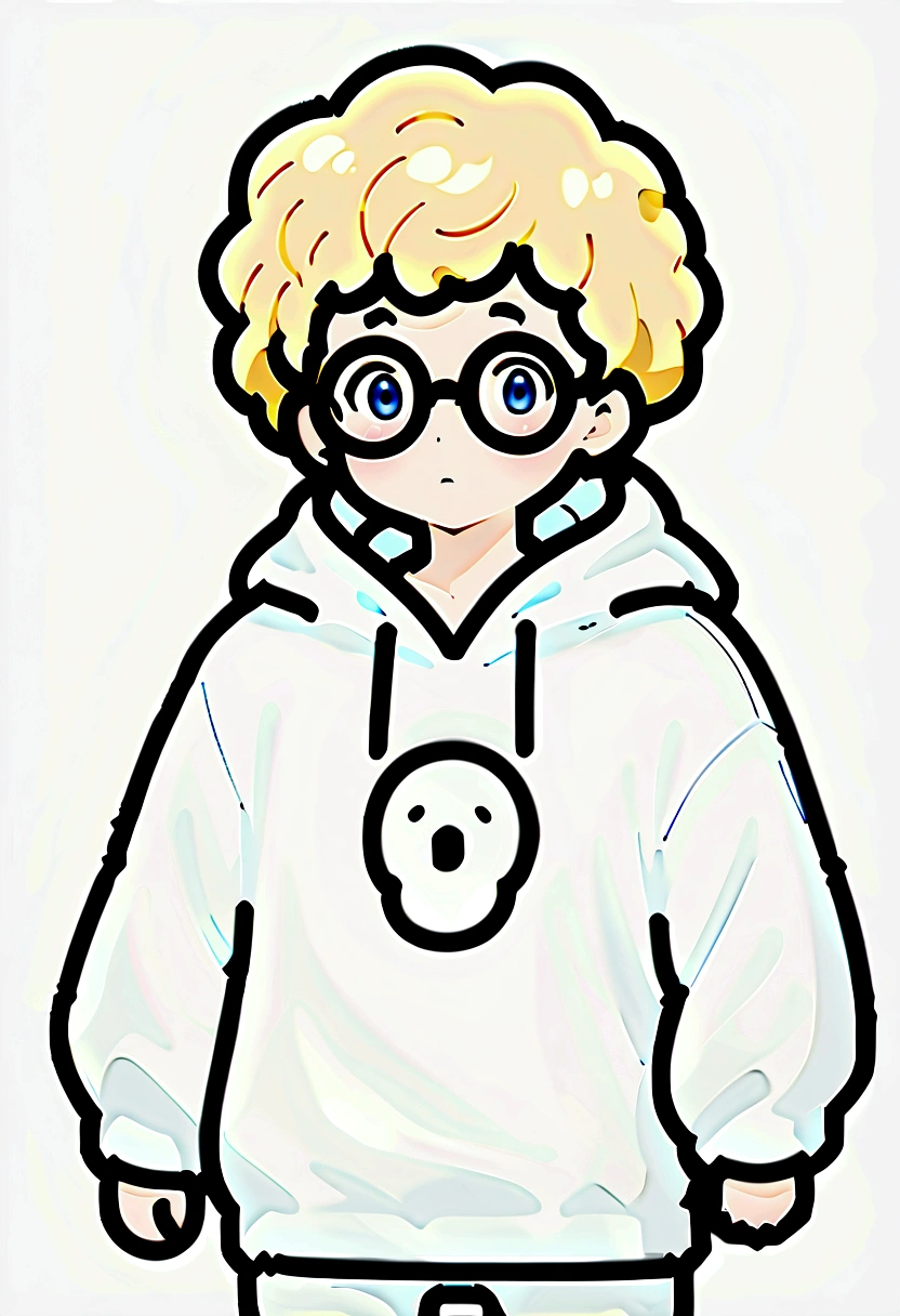 male focus, solo, childish, male only, ???, surprised, eyes fix, flat chest, small waist, 10 years old, ghost fan, ghost hoodie, round glasses, tired, looking at viewer, simple art, blond hair, blue eyes
