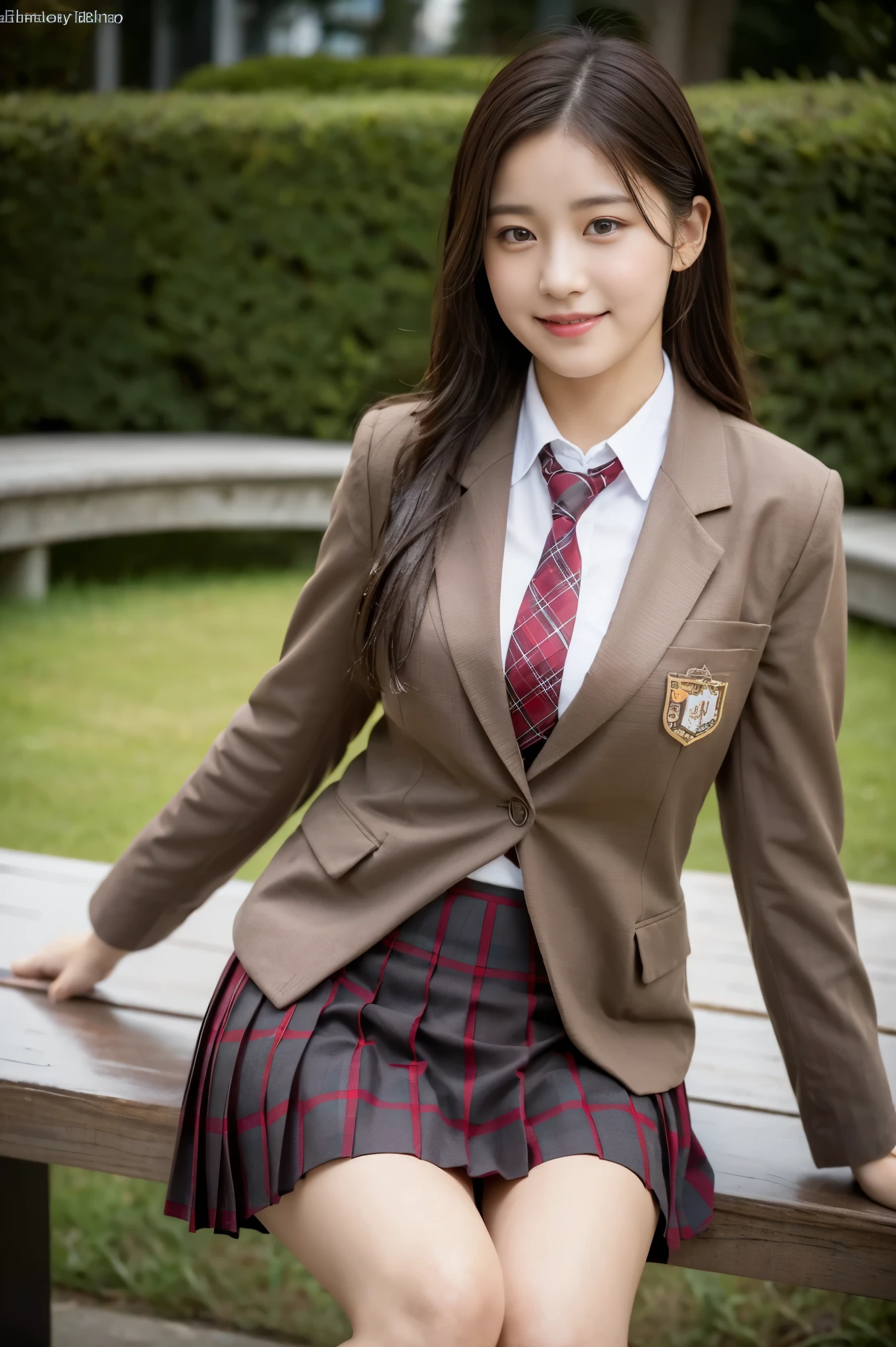 (8K), (highest quality: 1.2), (realistic), (realistic: 1.37), ultra high resolution, 1 girl, cute, smile, closed mouth, beautiful details, beautiful nose, wet hair, giant dulcefo, pork, thighs,self snap,University Student Uniform,sunny day,I can see the sea,sit on a bench in the park,(Simple light brown blazer 1),(dark brown pleated skirt),dark red tie,(The pattern of the skirt and tie is a tartan check pattern...:1.3),thighsとニーハイタイツ