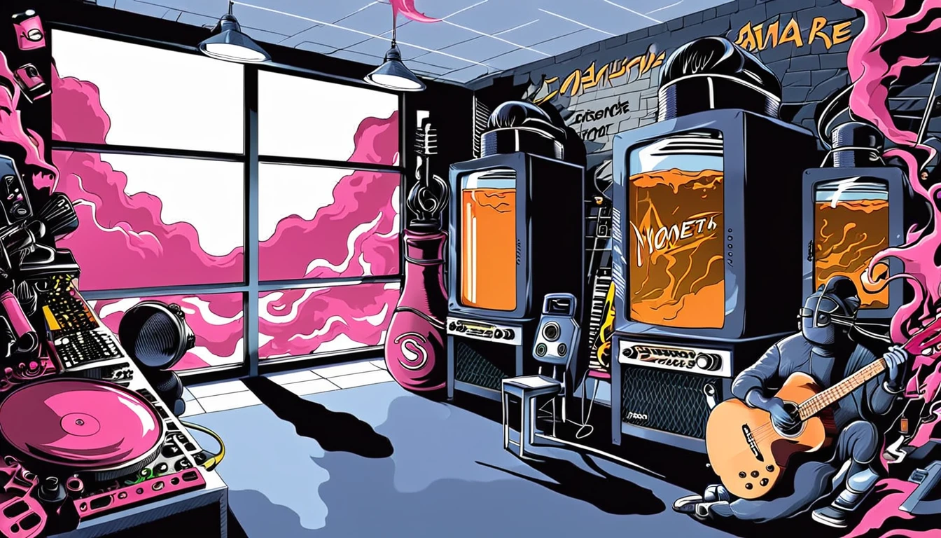 Masterpiece; cover of Pink Floyd's album Wish You Were Here;; Guitars and drums in a small science lab(((several science bottles around the room))); (guitars and musical keyboards inside science bottles) World map on the wall. sciencie complete with speakers and glass flasks of chemistry, embody the resilience and tenacity of the scientific community, infused with a bold graphic allure that enlivens the spirit of science. The design penetrates layers of depth, integrating the raw essence and vibrant cores of Rio de Janeiro culture. Brushstrokes that incorporate the fluid energy of graffiti on guitars and acoustic guitars weave around dynamic geometric shapes, adorning the laboratories with an evocative masterpiece that speaks to the heart of the intersection between two diverse worlds. Majestically rendered in high definition and vibrant color, every detail bursts with life, inviting viewers to marvel at the beauty that; by Monet