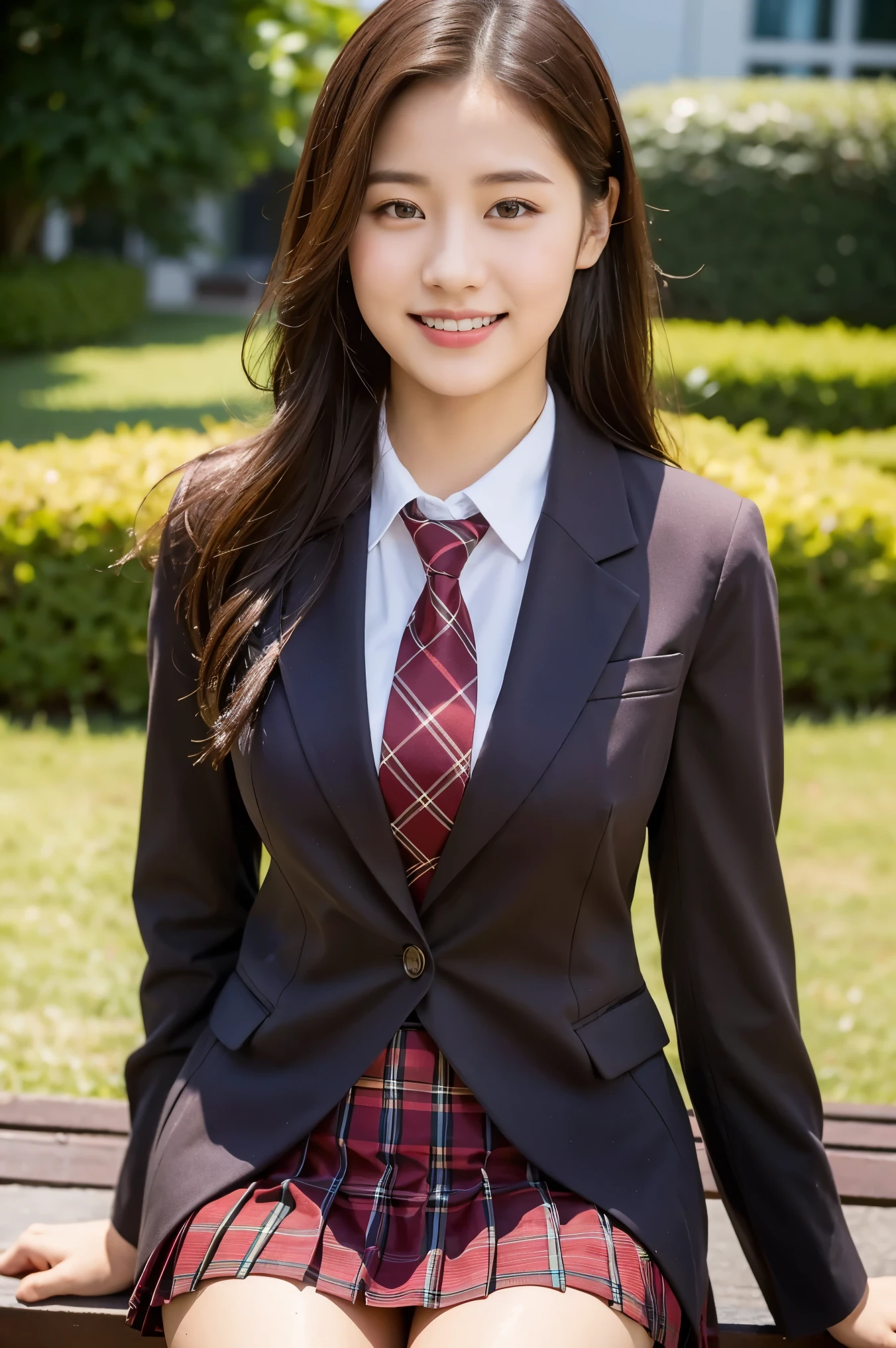 (8K), (highest quality: 1.2), (realistic), (realistic: 1.37), ultra high resolution, 1 girl, cute, smile, closed mouth, beautiful details, beautiful nose, wet hair, giant dulcefo, pork, thighs,self snap,University Student Uniform,sunny day,I can see the sea,sit on a bench in the park,(Simple light brown blazer 1),(dark brown pleated skirt),dark red tie,(The pattern of the skirt and tie is a tartan check pattern...:1.3),thighsとニーハイタイツ