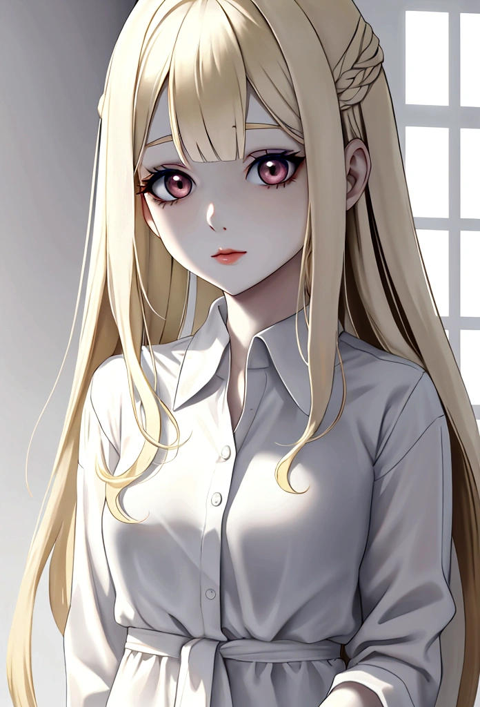 Create a pale white girl, white surgical shirt, straight hair blonde, pale dark eyes, dark circles, fine-detailed