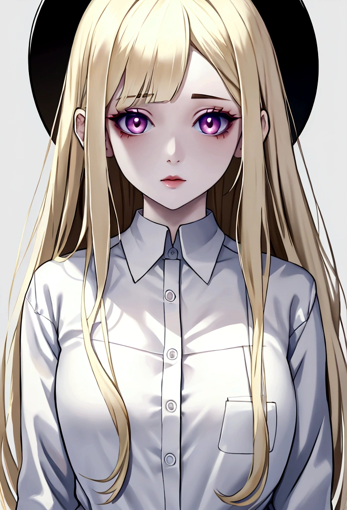 Create a pale white girl, white surgical shirt, straight hair blonde, pale dark eyes, dark circles, fine-detailed