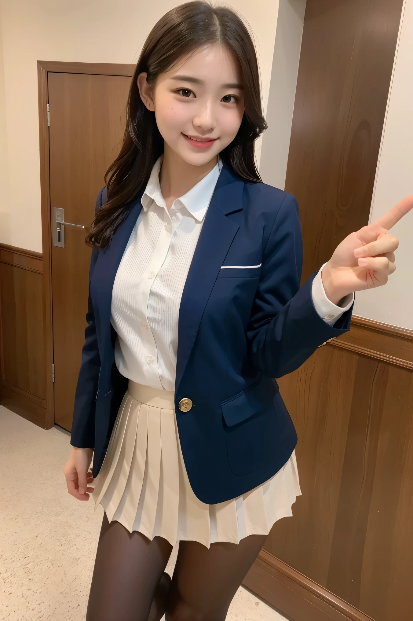 (8k), (highest quality: 1.2), (realistic), (realistic: 1.37), ultra high resolution, 1 girl, cute, smile, closed mouth, beautiful details, beautiful nose, wet hair, giant dulcefo, pork, thighs，selfie,College student uniform,simple blazer,pleated skirt,Standing,opaque tights, booty pose ,midiam shot 