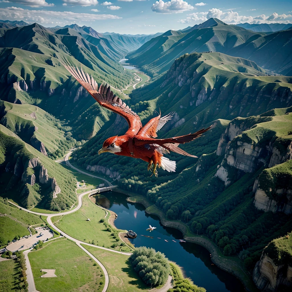 A firebird with open wings flies over a spaceship against the backdrop of a green valley between the mountains.