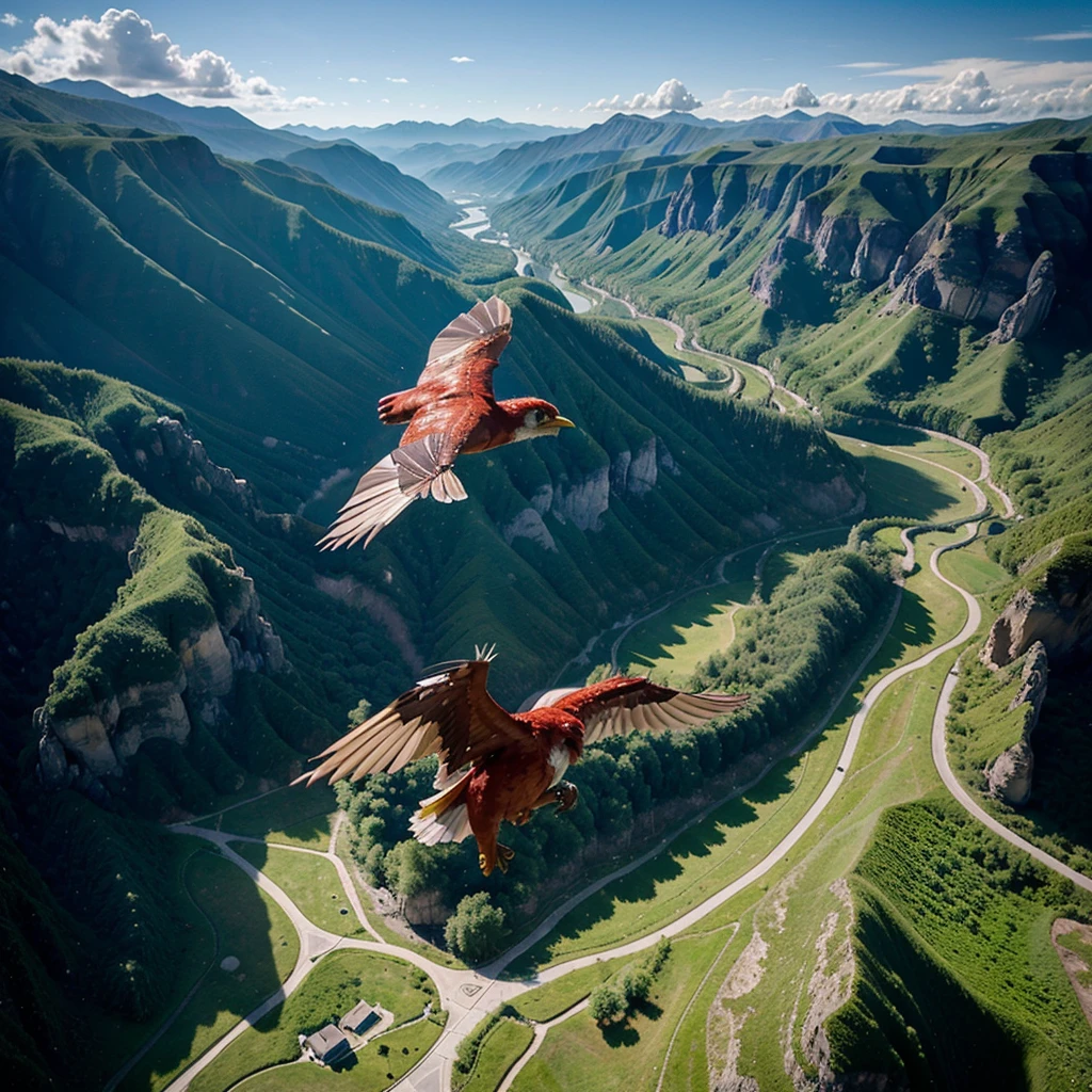 A firebird with open wings flies over a spaceship against the backdrop of a green valley between the mountains.