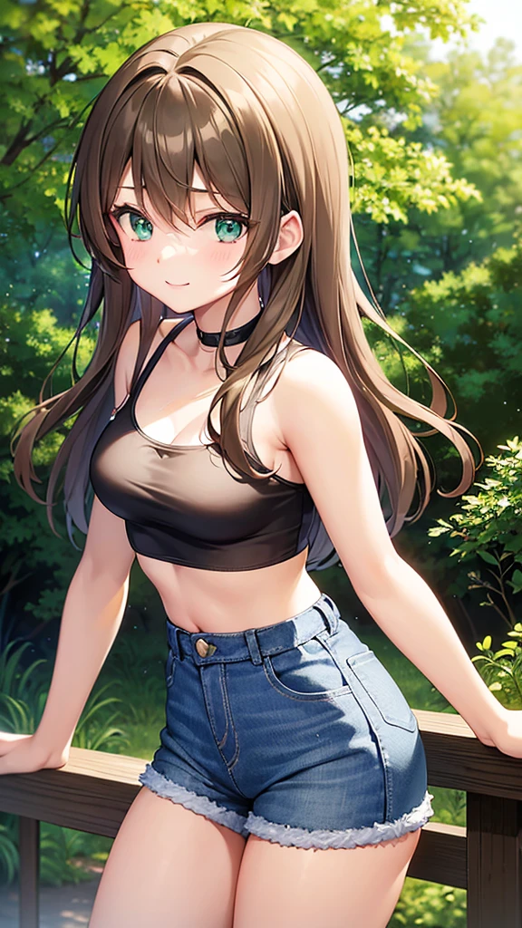 A , young with light brown hair and emerald green eyes. She has a curiously playful smile. She has big and round thighs. She wears tight jean shorts and a crop top. Her top reveals a lot of cleavage. She sits outdoors in a wooded park. Anime style.
