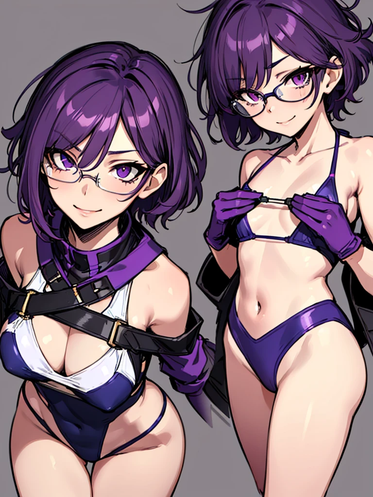 (masterpiece), best quality, expressive eyes, highres, anatomically correct, 1girl, perfect face, perfect hands, female, short hair, messy hair, wavy hair, purple hair, side bang, purple eyes, fair skin, medium chest, slight smirk, purple glasses, purple swimsuit, bikini, swimsuit, gloves, 