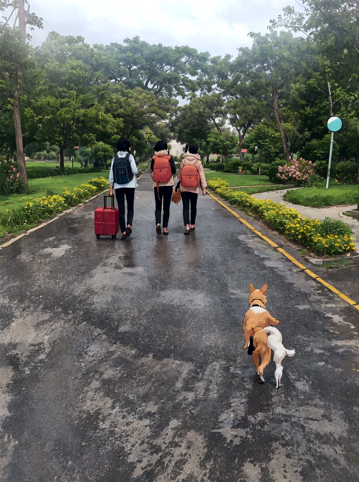 people walking down a road with a dog and a suitcase, with stray dogs, walking at the garden, walking at the park, with many travelers, back to us, with dogs, travellers, walking away from the camera, walking, travelers walking the streets, park in background, walking away from camera, with a park in the background, walking towards camera