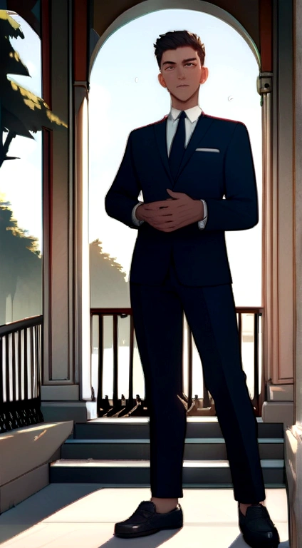 RAW, Best quality, high resolution, (masterpiece: 1.3), full body image, muscular Indonesian man in navy suit and work shoes, Masterpiece, young man face, cute man face, cleanshaven, bright skin, rough skin, fierce eyes, soft smile, standing in a park, feminine gesture, strong expression, body facing viewer, looking to viewer, at noon, Great lighting, great sunlight, Bright colors, Ultra realistic clean lines, very realistic, Indian 22 years old young boy