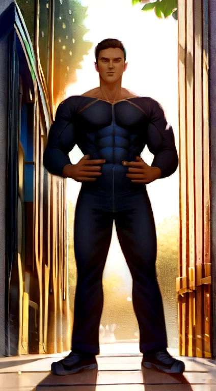 RAW, Best quality, high resolution, (masterpiece: 1.3), full body image, muscular Indonesian man in navy suit and work shoes, Masterpiece, young man face, cute man face, cleanshaven, bright skin, rough skin, fierce eyes, soft smile, standing in a park, feminine gesture, strong expression, body facing viewer, looking to viewer, at noon, Great lighting, great sunlight, Bright colors, Ultra realistic clean lines, very realistic, Indian 22 years old young boy
