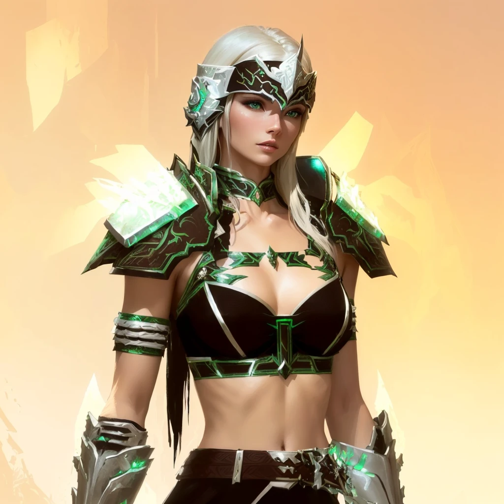 there is a woman in a costume that is standing in front of a wall, a blonde emerald warrior, ornate bikini armor, warrior outfit, from guild wars 2, sleek bright white armor, clothed in ethereal battle armor, wearing shiny breastplate, in monster hunter armor, north adult female warrior, fractal armor, sleek white armor, pale black armor, intricate white armor