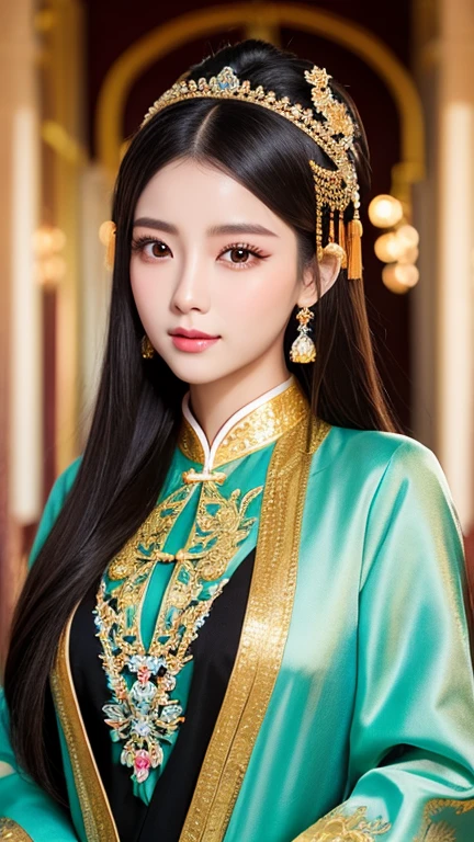 (((Chinese Beauty)))、21 years old、(Very heavy makeup:1.2)、(Slanted Eyes:1.3)、(long narrow eyes:1.3)、Shiny Hair、Glowing Skin、Very white skin、Jet Black Hair、Straight long hairstyle、Big eyes、Double eyelids、Luxury Chinese palace、(Standing in the palace corridor)、(Golden luxurious hair ornament)、((Chinese Queen's Costume))、Luxurious and gorgeous、(huge breast:1.1)、(Exposed Skin:1.3)、(Smile with your mouth closed)、