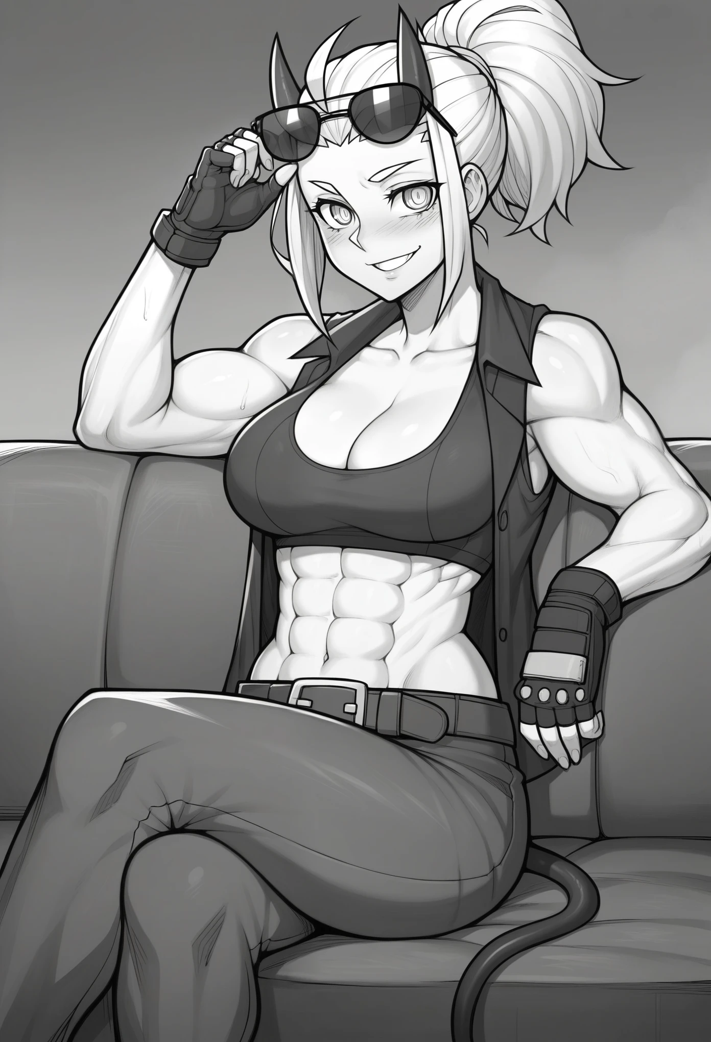 1futa, Saiyan, spiked white hair, green eyes, slim, thin waist, wide hips, dark skin, medium breasts,with black shorts, white tank top,huge dick , your huge ???? would be stretching your clothes, huge dick marking your clothes
