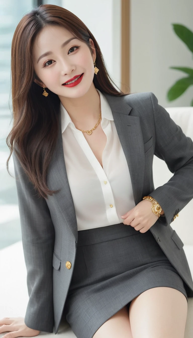 (80-year-old woman.1.3)、(((Wrinkles around the eyes))), (((Nasolabial folds))), masterpiece,Highest quality,wonderful,(セクシーなMature Woman:1),(Mature Woman:1.3),(((very, very大きい)))、(((Big big boobs)))、(((Big big cleavage)))、Hyper Real、In the lounge of a luxury hotel、A dignified smile、White skin、Delicate and precise skin texture、Long fluffy brown hair、Japanese women、(Big Ass)、Thick thighs、Bright red lips、Gold earrings、Gold Bracelets、Gold Necklace、{Charcoal gray suit(White blouse)}、