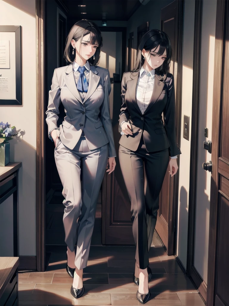 absurdres, RAW photo, extremely delicate and beautiful, masterpiece, Best Quality, ultra high resolution, 32k, hyperrealistic, ultra-detailed, in her 20s, delicate facial features, tearful mole, earring, medium breasts, full body shot, shorter middle hair, black hair, ((office lady suit)), blazer,