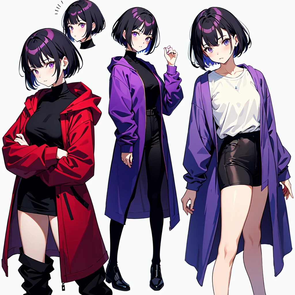 Mature face,tall, Wearing black tights, Short hair and updo, Wearing a hoodie, He wore black trousers, whole body黒の服, The skin is hidden　and (Ink blotches:1.1), (pale:1.2),(purple:1.2),(Red/Black:1.2), I was wearing long pants,cool,Dressed in a black robe, Toned body, Wine red hair, one big woman, Nervous,Cowboy Shot, sketch (Character design sheet, same characters, whole body, Three-View, front, ~ ~ ~ side, return),(Very bright:1.1), White Background, [1 Girl:7], (Tilt your head:1.2), ([sketch|watercolor \(Moderate\)]:1.15),Chaotic Abstract Background, Vector Trace, Gradient Blending, Bright colors, that&#39;wonderful, Very detailed, Complex, (Very low contrast:1.4)