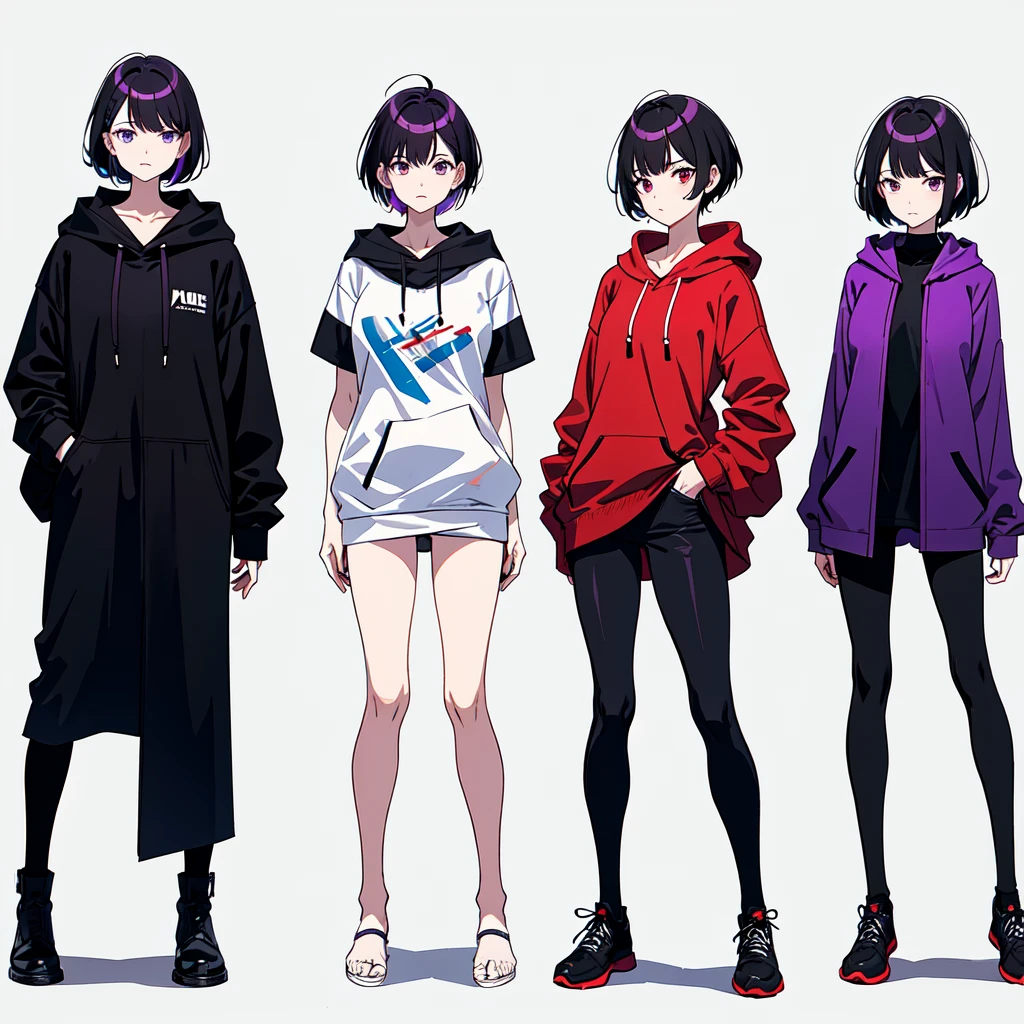 Mature face,tall, Wearing black tights, Short hair and updo, Wearing a hoodie, He wore black trousers, whole body黒の服, The skin is hidden　and (Ink blotches:1.1), (pale:1.2),(purple:1.2),(Red/Black:1.2), I was wearing long pants,cool,Dressed in a black robe, Toned body, Wine red hair, one big woman, Nervous,Cowboy Shot, sketch (Character design sheet, same characters, whole body, Three-View, front, ~ ~ ~ side, return),(Very bright:1.1), White Background, [1 Girl:7], (Tilt your head:1.2), ([sketch|watercolor \(Moderate\)]:1.15),Chaotic Abstract Background, Vector Trace, Gradient Blending, Bright colors, that&#39;wonderful, Very detailed, Complex, (Very low contrast:1.4)