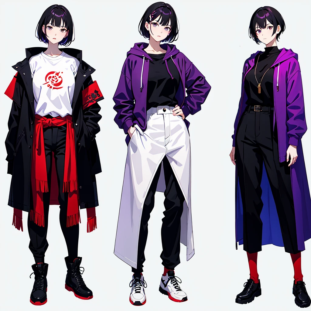 Mature face,tall, Wearing black tights, Short hair and updo, Wearing a hoodie, He wore black trousers, whole body黒の服, The skin is hidden　and (Ink blotches:1.1), (pale:1.2),(purple:1.2),(Red/Black:1.2), I was wearing long pants,cool,Dressed in a black robe, Toned body, Wine red hair, one big woman, Nervous,Cowboy Shot, sketch (Character design sheet, same characters, whole body, Three-View, front, ~ ~ ~ side, return),(Very bright:1.1), White Background, [1 Girl:7], (Tilt your head:1.2), ([sketch|watercolor \(Moderate\)]:1.15),Chaotic Abstract Background, Vector Trace, Gradient Blending, Bright colors, that&#39;wonderful, Very detailed, Complex, (Very low contrast:1.4)