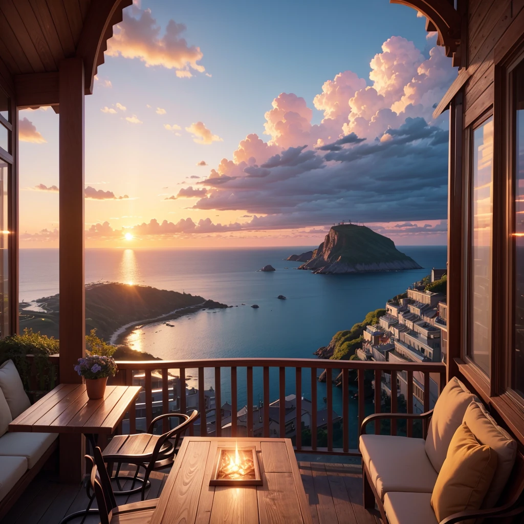 a painting of a patio with tables and chairs and a sunset, anime background art, cozy cafe background, anime background, beautiful ambiance, beautiful ambience, anime scenery, beautiful anime scene, beautiful anime scenery, anime aesthetic, beautiful detailed scene, overlooking the ocean, watching the sun set. anime, scenery wallpaper aesthetic, golden hour scene, anime vibes