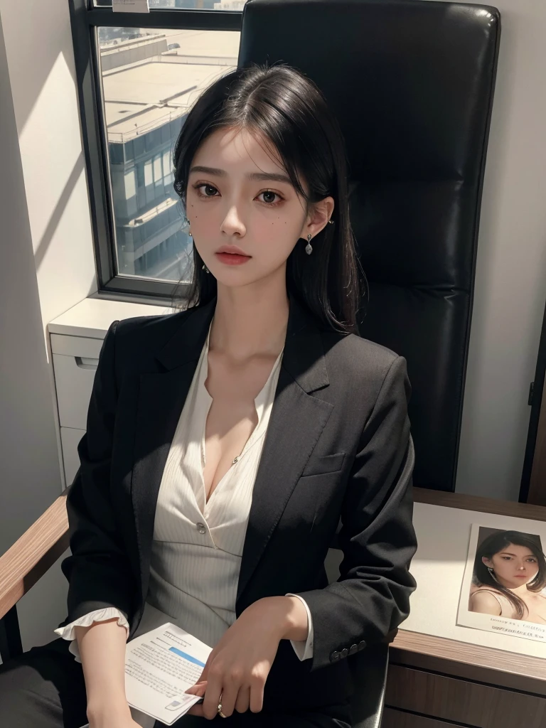 absurdres, RAW photo, extremely delicate and beautiful, masterpiece, Best Quality, ultra high resolution, 32k, hyperrealistic, ultra-detailed, in her 20s, delicate facial features, tearful mole, earring, medium breasts, full body shot, shorter middle hair, black hair, ((office lady suit)), blazer,