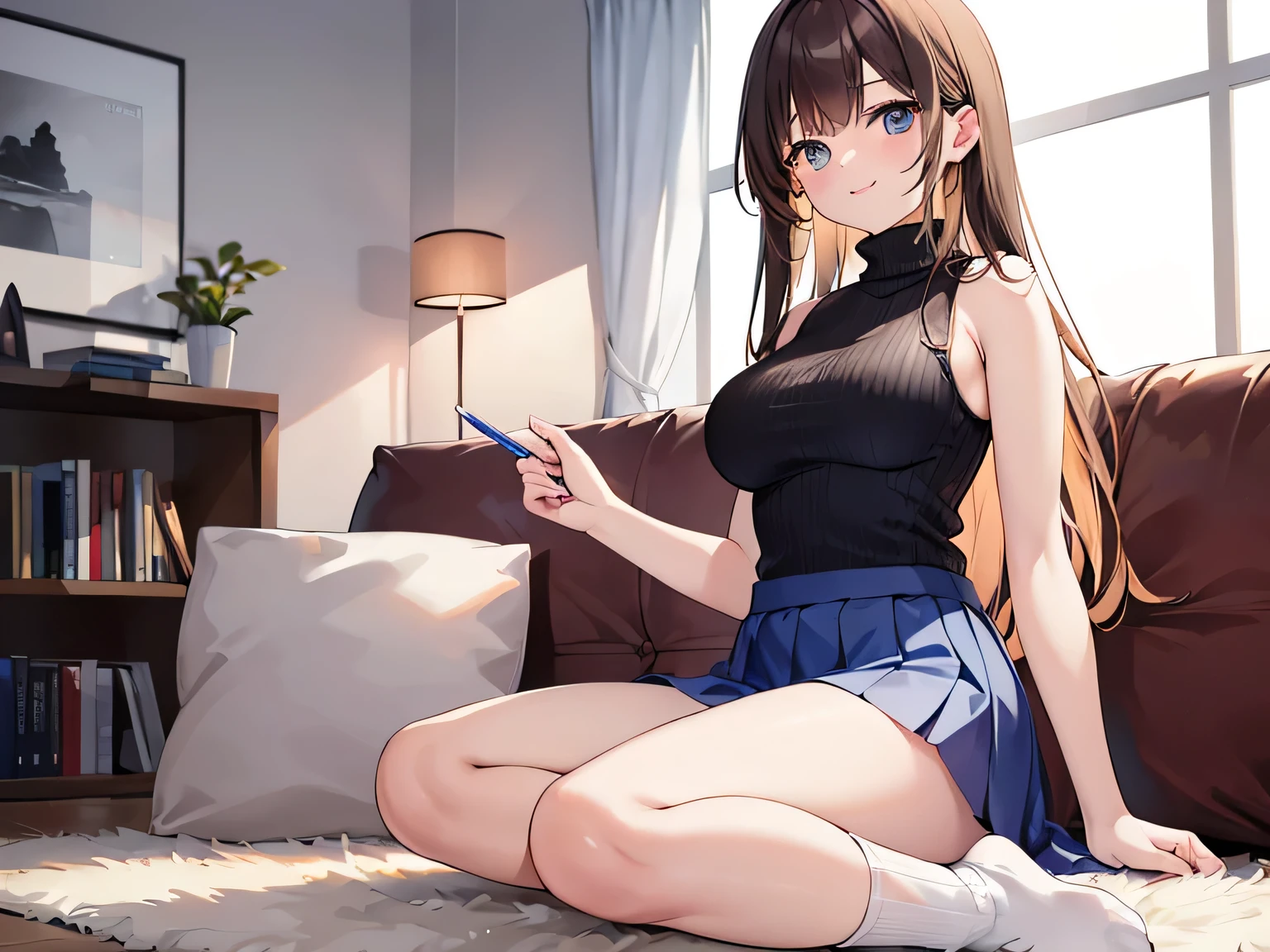 (Masterpiece, highest quality, high resolution, realistic photos, realistic looking skin:1.1),
(Woman shows her panties to us as she stands, sits, and crouches in the living room of her apartment: 1.8), 
(She looks happy and smiling: 1.5),
(She is wearing a sleeveless turtleneck knit in all black: 1.8),
(She is wearing a white pleated miniskirt:1.8),
(She is wearing white loose socks:1.8),
(Her panties are white with a pattern: 1.5),
(She has long brown hair: 1.5),
(She is 20 years old: 1.5),
(She is a model, so she is quite beautiful:1.5), 
(She has D-cup breasts: 1.5),
(She has beautiful legs: 1.5),
(The place is the living room of a luxury apartment: 1.5),
1 Japanese girl, solo, full bodied esbian, beautiful eyes, shining eyes, shining thighs, NSFW