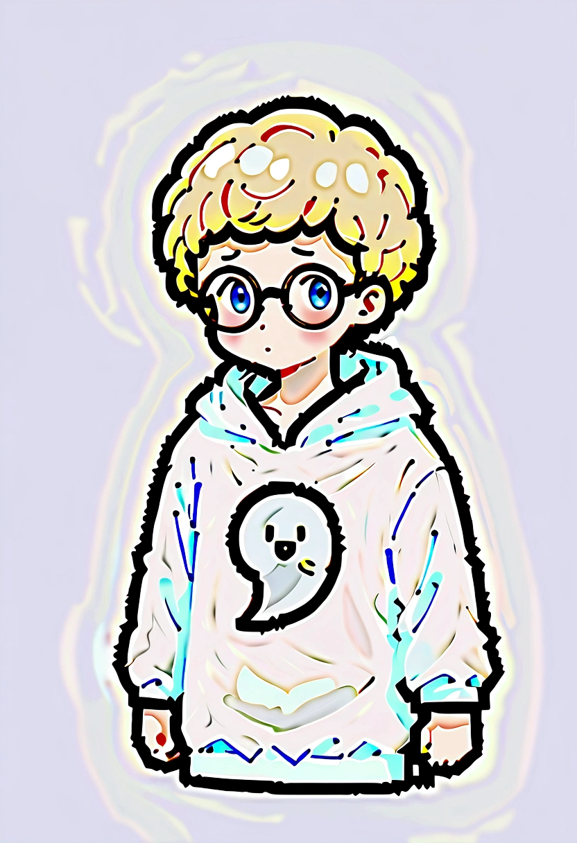 male focus, solo, childish, male only, , surprised, eyes fix, flat chest, small waist, 10 host fan, ghost hoodie, round glasses, tired, looking at viewer, simple art, blond hair, blue eyes