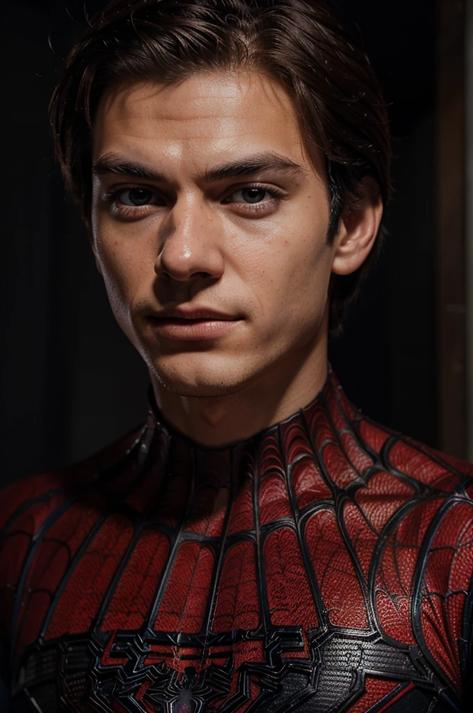 A photograph of spider man, no mask, 20 yo, handsome, detailed face, looking at camera, portrait, 8k uhd, high quality
