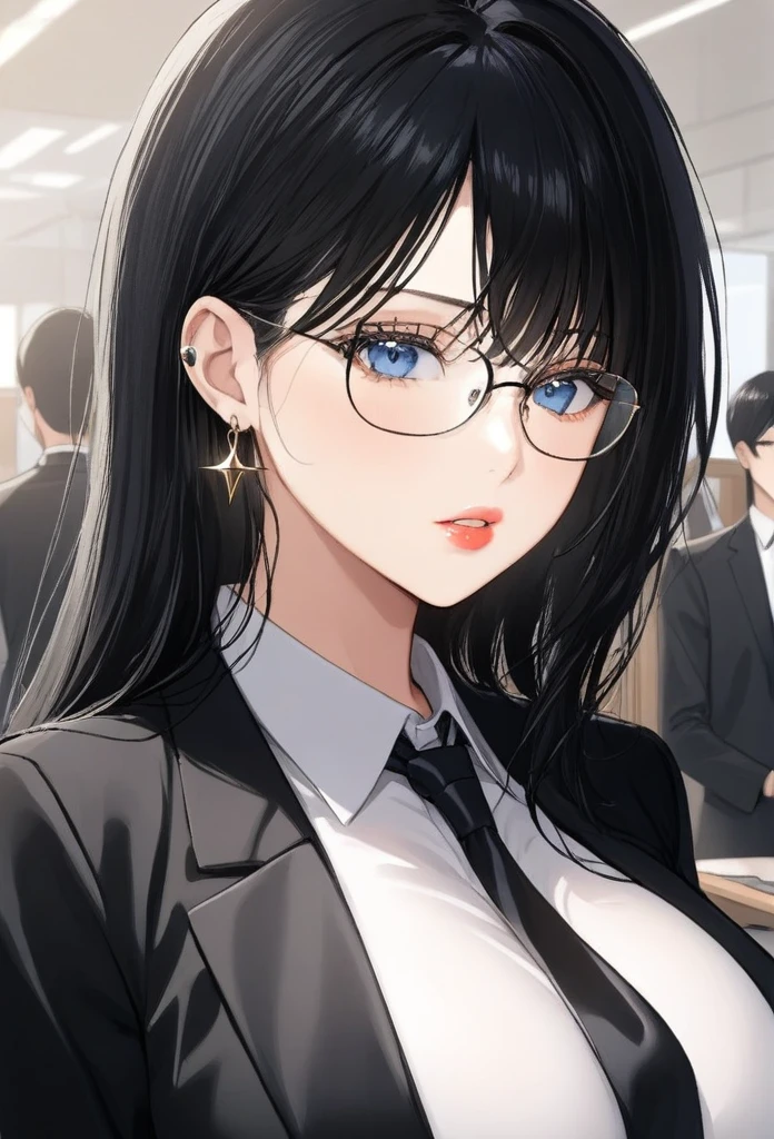 Misako , grey mini rock, white shirt, black jacket, black stockings, adult beautiful women, black hair, office, blue eyes, beautiful blue eyes, ,slim body, masterpiece, lipstick, hoops earrings, makeup,sharp jawline, detailed face, detailed nose , close up,anime, detailed eyes,big breast, Glasses,black tie,wolf hair cut ,